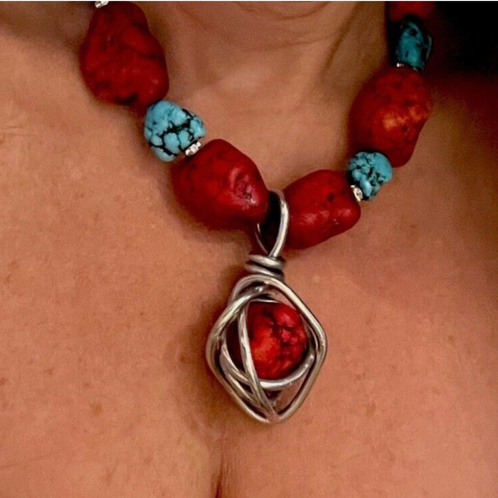 Turquoise-like, read, silver, rhinestone statement necklace, western style